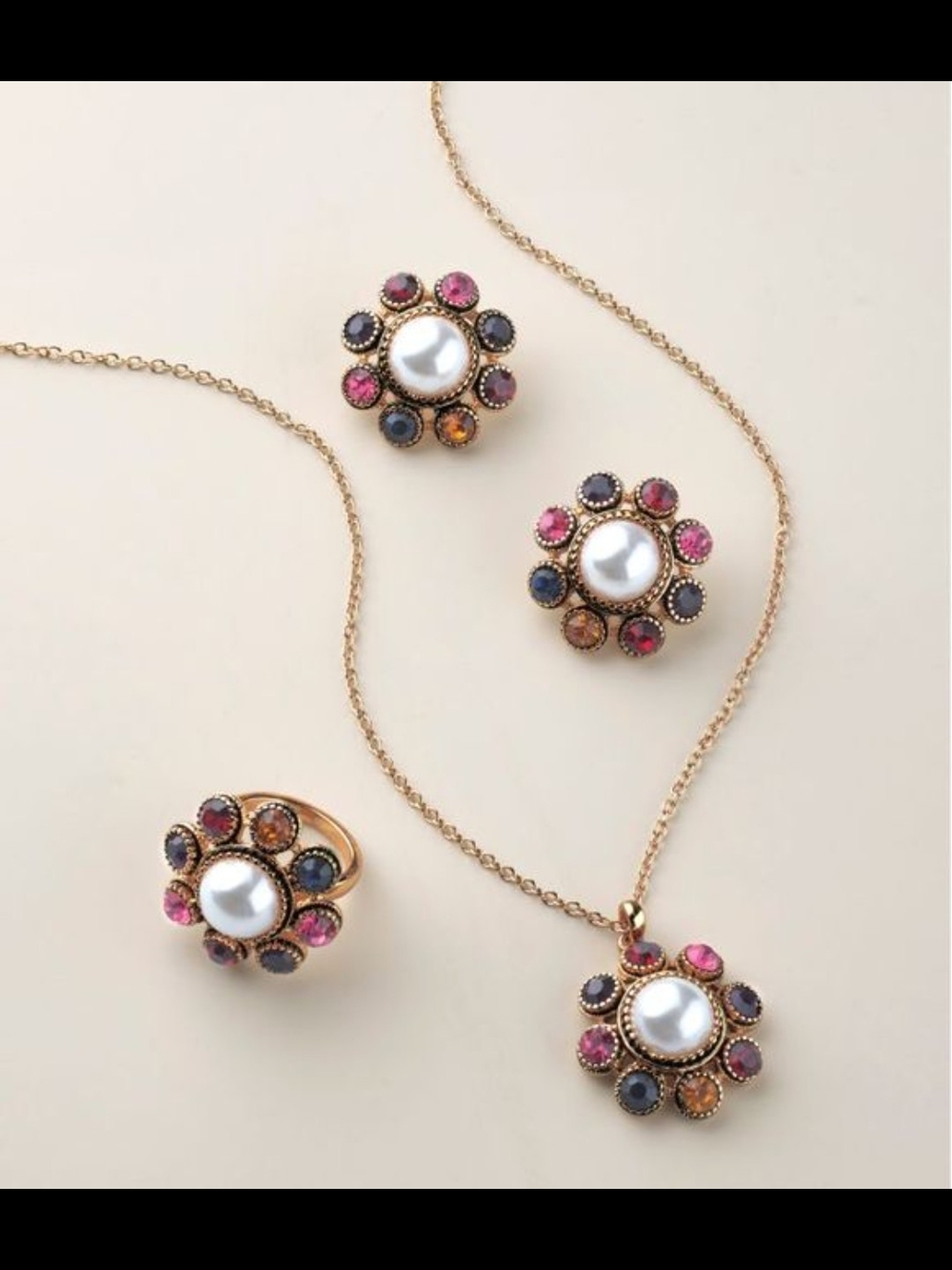 Gold-Tone Pearl Multicolor Crystal Flower 3 Pce Necklace, Earrings Ring Set BNIB